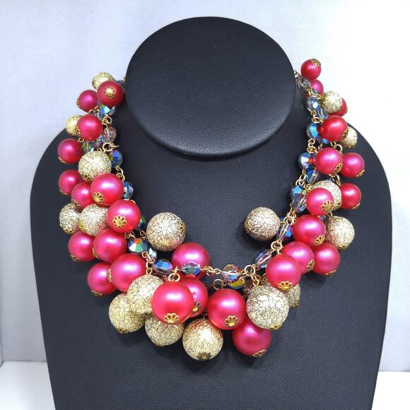 Vintage AB Crystals Red & Gold Beaded Necklace, Three Strands, 1960s - Picture 9 of 10